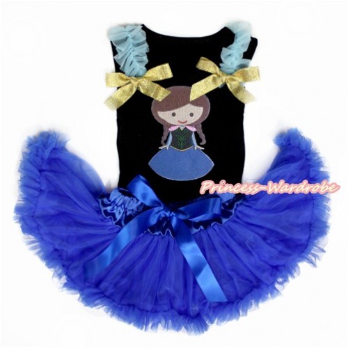Black Baby Pettitop with Light Blue Ruffles & Sparkle Goldenrod Bow with Princess Anna Print with Royal Blue Newborn Pettiskirt NG1459 